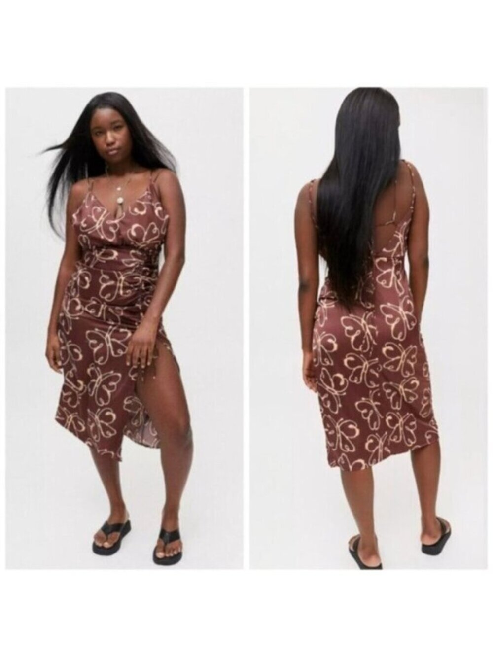 Urban Outfitters Brown & Cream Plunged Neckline Midi Dress - Picture 16 of 16